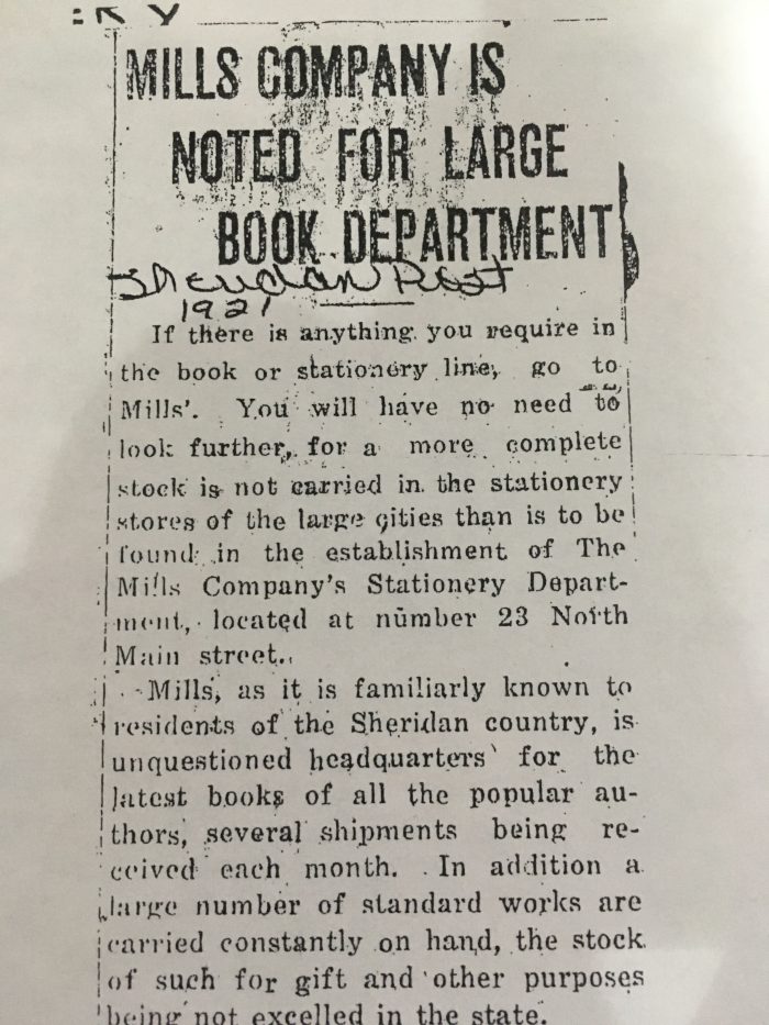 A 1921 Sheridan Post article with the headline "Noted for Large Book Department."